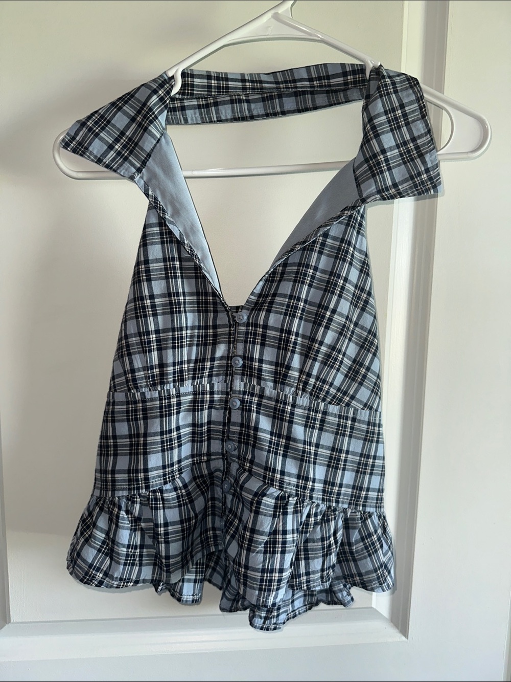 Hollister Light Blue & Black Plaid Halter Ruffle Hem Camisole